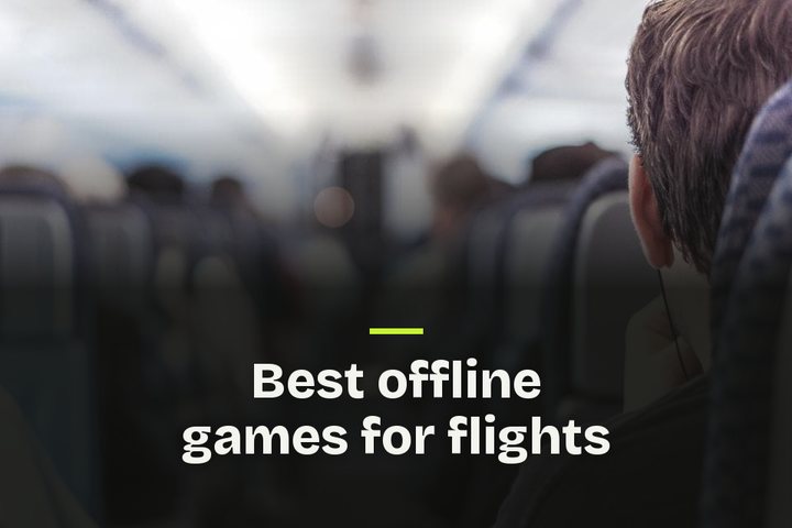 The words "Best offline games for flights" over a photo of the aisle of a passenger plane, seen past a window seat.