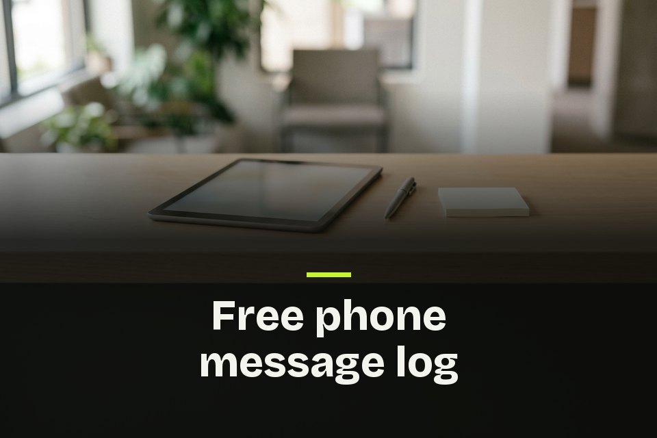 The words "Free phone message log" over a picture of a tablet, a pen and sticky notes on a front desk.