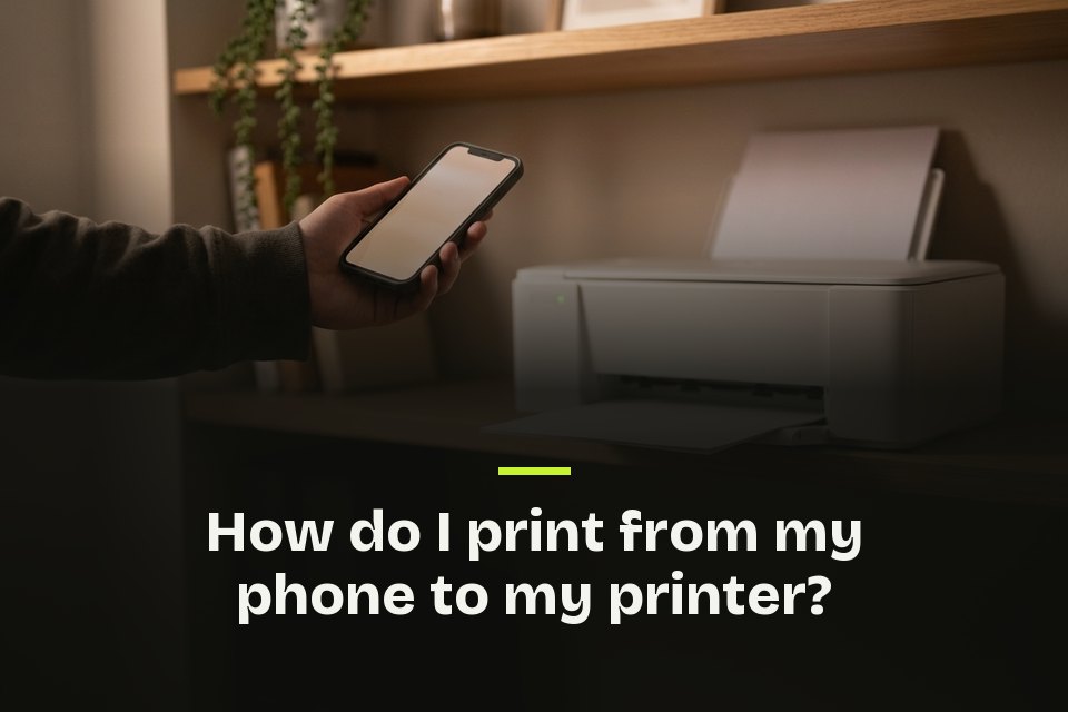 how do i print from my phone to my printer The words "How do I print from my phone to my printer?" over a picture of a hand holding a phone up to a printer on a shelf.