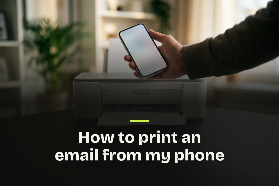 how to print an email from my phone The words "How to print an email from my phone" over a picture of a hand holding a phone above a printer loaded with paper.