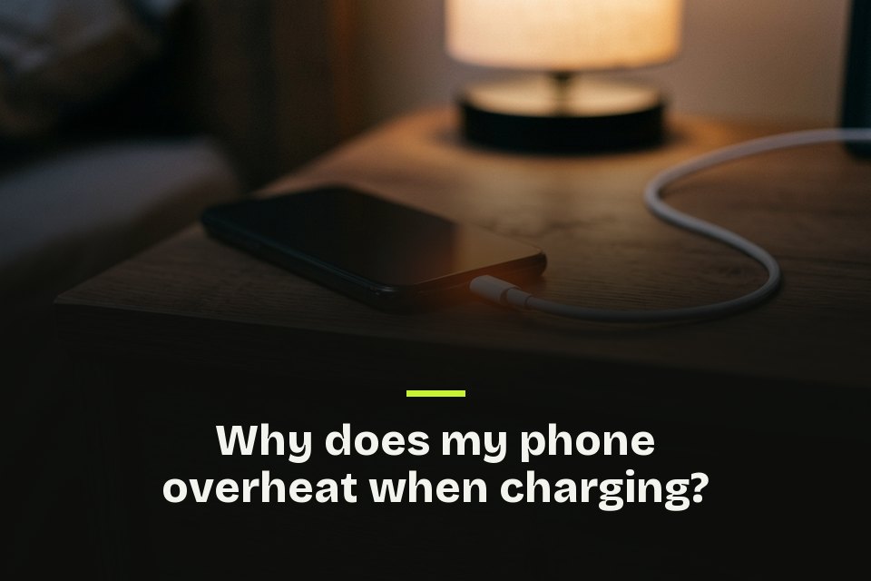 The words "Why does my phone overheat when charging?" over a picture of a phone charging on a nightstand at night.