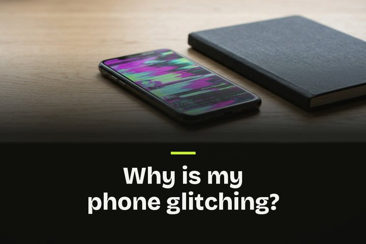 The words "Why is my phone glitching?" over a picture of a phone on an oak desk, its screen streaked with glitching color.